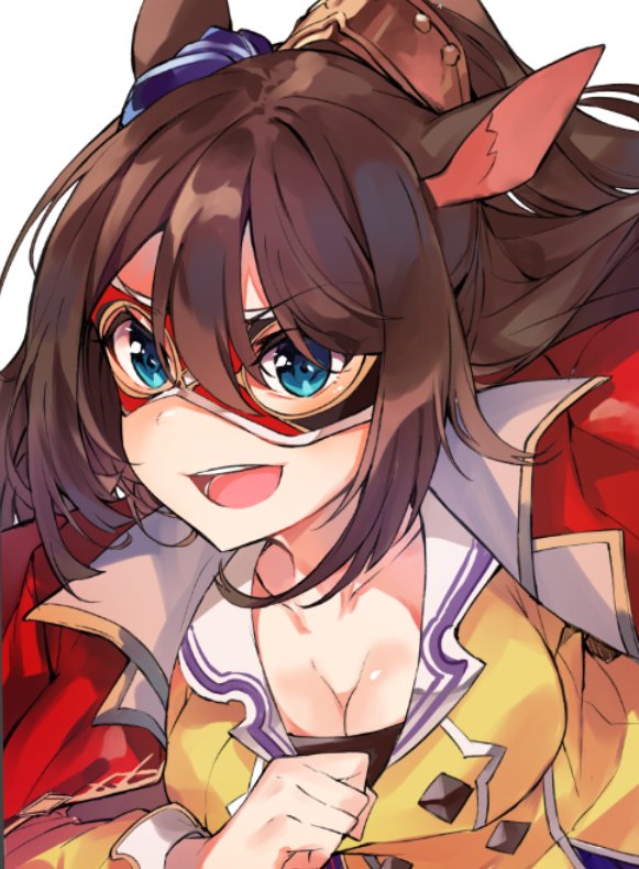 1girl :d blue_eyes breasts brown_hair cleavage el_condor_pasa jacket large_breasts looking_at_viewer mask open_clothes open_jacket open_mouth ponytail red_jacket round_teeth simple_background smile solo teeth tuxedo_de_cat umamusume upper_body white_background
