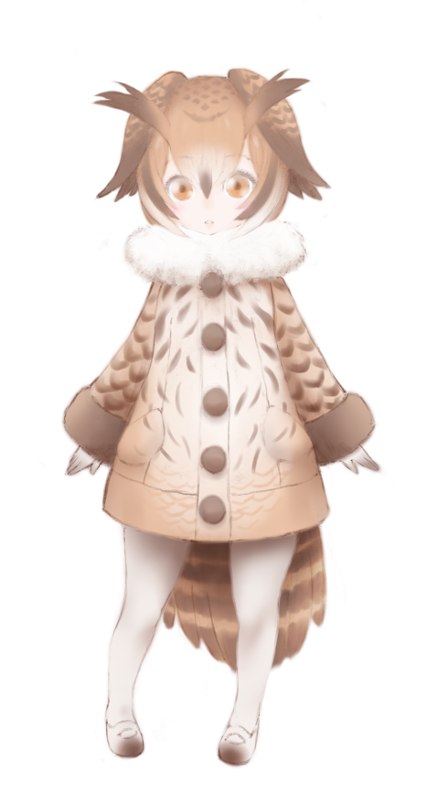 1girl bird_wings brown_coat brown_eyes brown_hair coat eurasian_eagle_owl_(kemono_friends) full_body fur-trimmed_sleeves fur_collar fur_trim hair_between_eyes head_wings ise_(0425) kemono_friends long_sleeves looking_at_viewer multicolored_hair pantyhose print_coat shoes short_hair simple_background solo white_background white_legwear wings