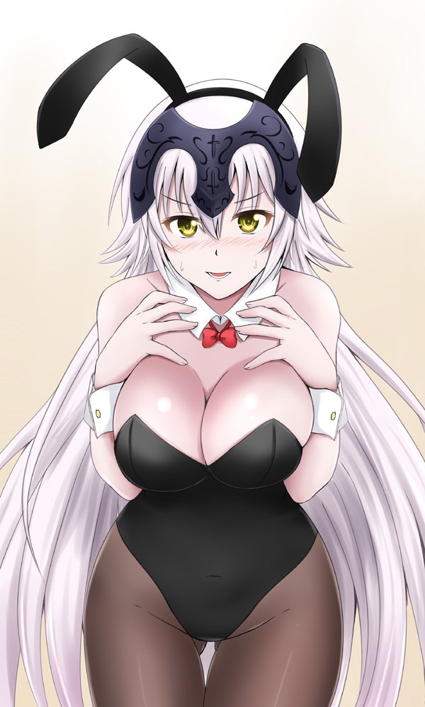 1girl animal_ears ass_visible_through_thighs black_dress black_leotard bow bowtie breasts brown_legwear bunny_tail bunnysuit cleavage commentary_request cowboy_shot detached_collar dress fate/apocrypha fate/grand_order fate_(series) fuuma_nagi gradient gradient_background headpiece jeanne_d'arc_(alter)_(fate) jeanne_d'arc_(fate)_(all) large_breasts leotard looking_at_viewer pantyhose rabbit_ears red_neckwear solo strapless strapless_leotard tail white_background wrist_cuffs yellow_eyes