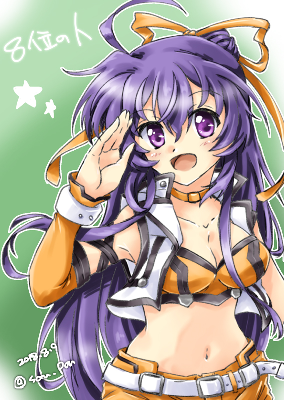 1girl ahoge arm_strap bangs breasts carrie_tercel choker cleavage commentary_request dated detached_sleeves eyebrows_visible_through_hair green_background hair_ribbon jacket long_hair looking_at_viewer lyrical_nanoha magical_girl medium_breasts navel open_clothes open_jacket open_mouth orange_bikini_top orange_choker orange_ribbon orange_shorts purple_hair ribbon san-pon shorts smile solo standing twitter_username upper_body violet_eyes vivid_strike! waving white_belt white_jacket
