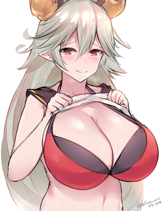 1girl bangs bikini blush breasts cleavage collar draph granblue_fantasy grey_hair hair_between_eyes horns huge_breasts kuavera long_hair looking_at_viewer pointy_ears red_bikini red_eyes sailor shirt shirt_lift simple_background smile solo swimsuit t-shirt thalatha_(granblue_fantasy) very_long_hair waist white_background white_shirt