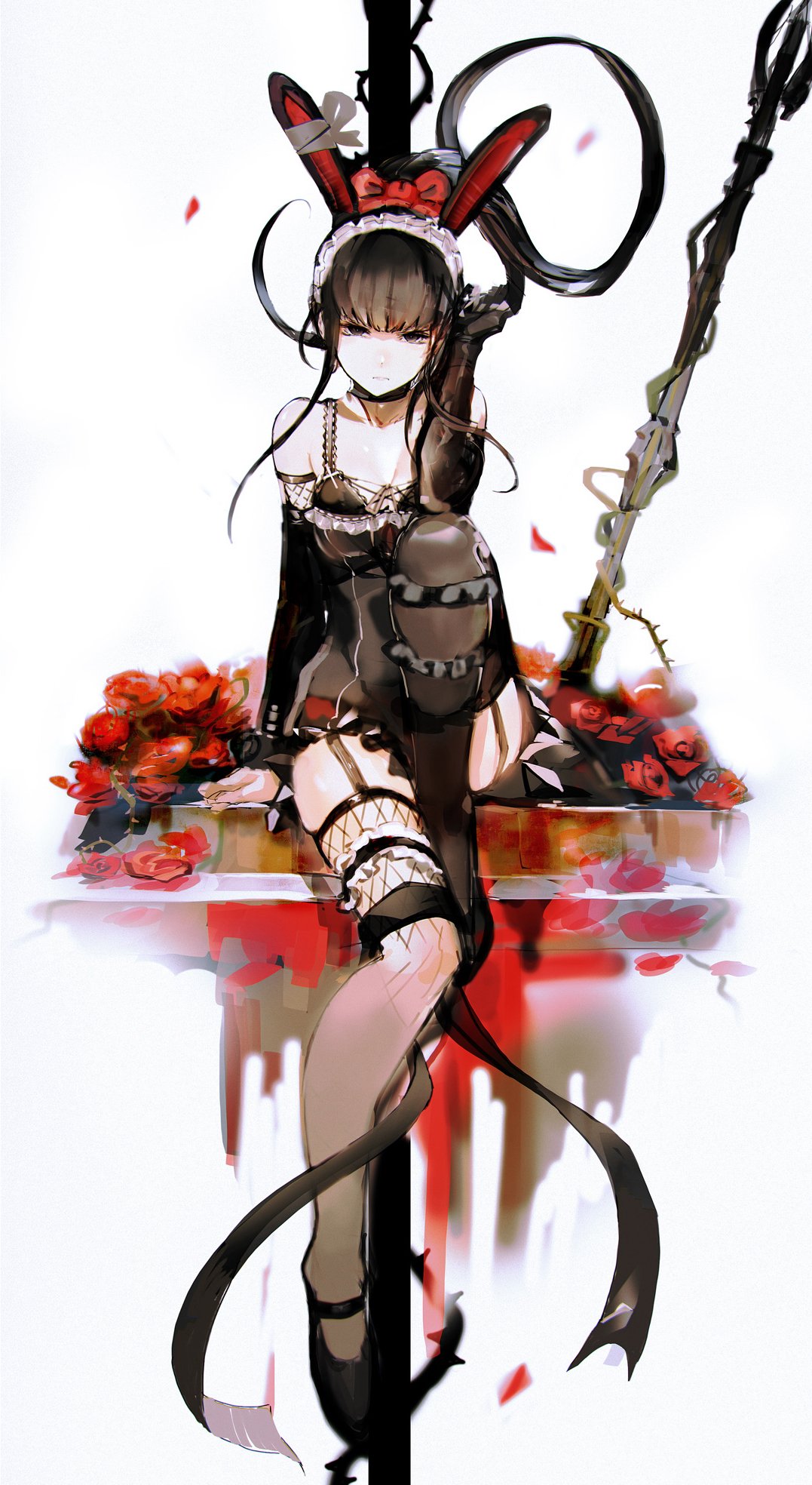 1girl animal_ears black_choker black_eyes black_footwear bra choker closed_mouth commentary_request copyright_request flower garter_straps gloves hairband hand_up highres leg_garter long_hair long_sleeves looking_at_viewer polearm rabbit_ears red_flower red_rose rose single_glove single_thighhigh so-bin solo spear thigh-highs thorns underwear weapon
