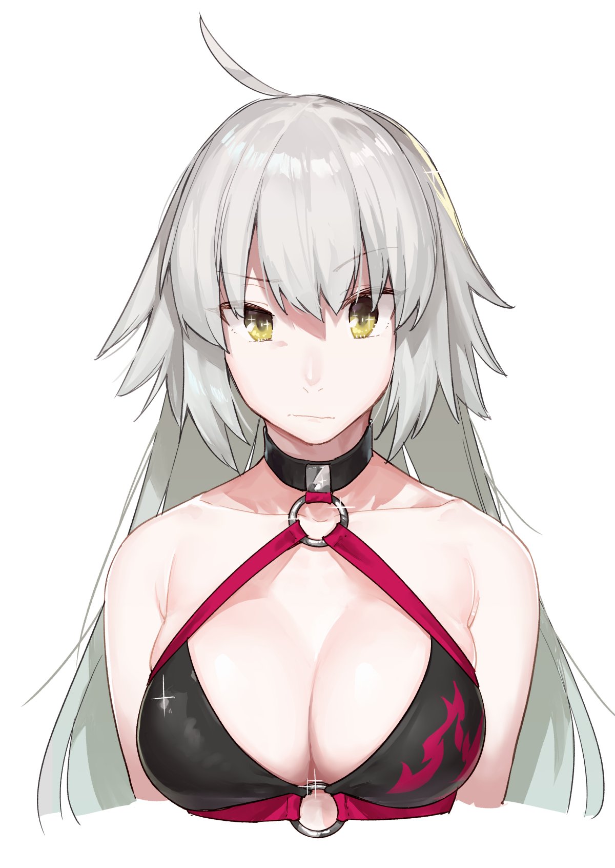 1girl ahoge bare_shoulders bikini black_bikini breasts closed_mouth collar commentary_request eyebrows_visible_through_hair fate/grand_order fate_(series) glint grey_hair highres jeanne_d'arc_(alter_swimsuit_berserker) jeanne_d'arc_(fate)_(all) large_breasts long_hair looking_at_viewer muchi_maro ne o-ring o-ring_top raised_eyebrow simple_background solo swimsuit upper_body white_background yellow_eyes