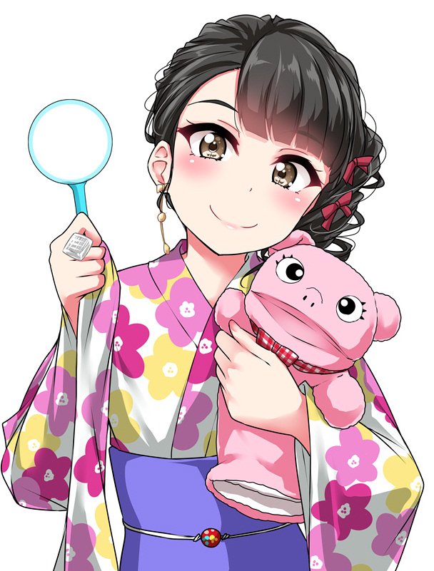 1girl bangs black_eyes black_hair blush bow commentary_request earrings eyebrows_visible_through_hair floral_print hair_bow hand_puppet holding holding_stuffed_animal japanese_clothes jewelry kimono kobayashi_aika long_sleeves looking_at_viewer obi photo-referenced poi_(goldfish_scoop) puppet real_life red_bow ring sash seiyuu side_ponytail simple_background smile solo stuffed_animal stuffed_pig stuffed_toy upper_body white_background wide_sleeves yopparai_oni