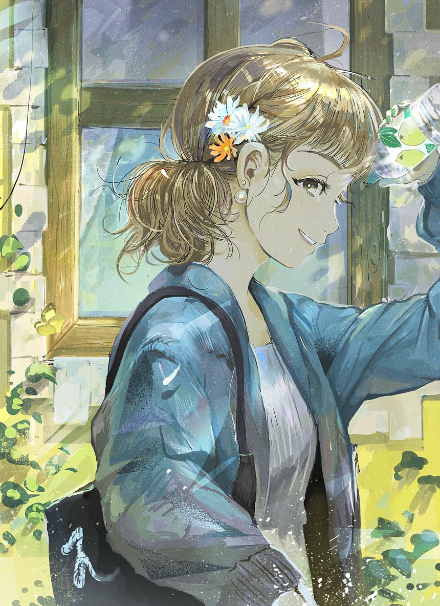 1girl bag bayashiko blonde_hair blue_jacket bottle brown_eyes commentary daisy day earrings english_commentary flower from_side hair_flower hair_ornament holding jacket jewelry looking_at_viewer looking_to_the_side open_clothes open_jacket orange_flower original outdoors shirt shoulder_bag sideways_mouth smile solo standing water_bottle white_flower white_shirt window