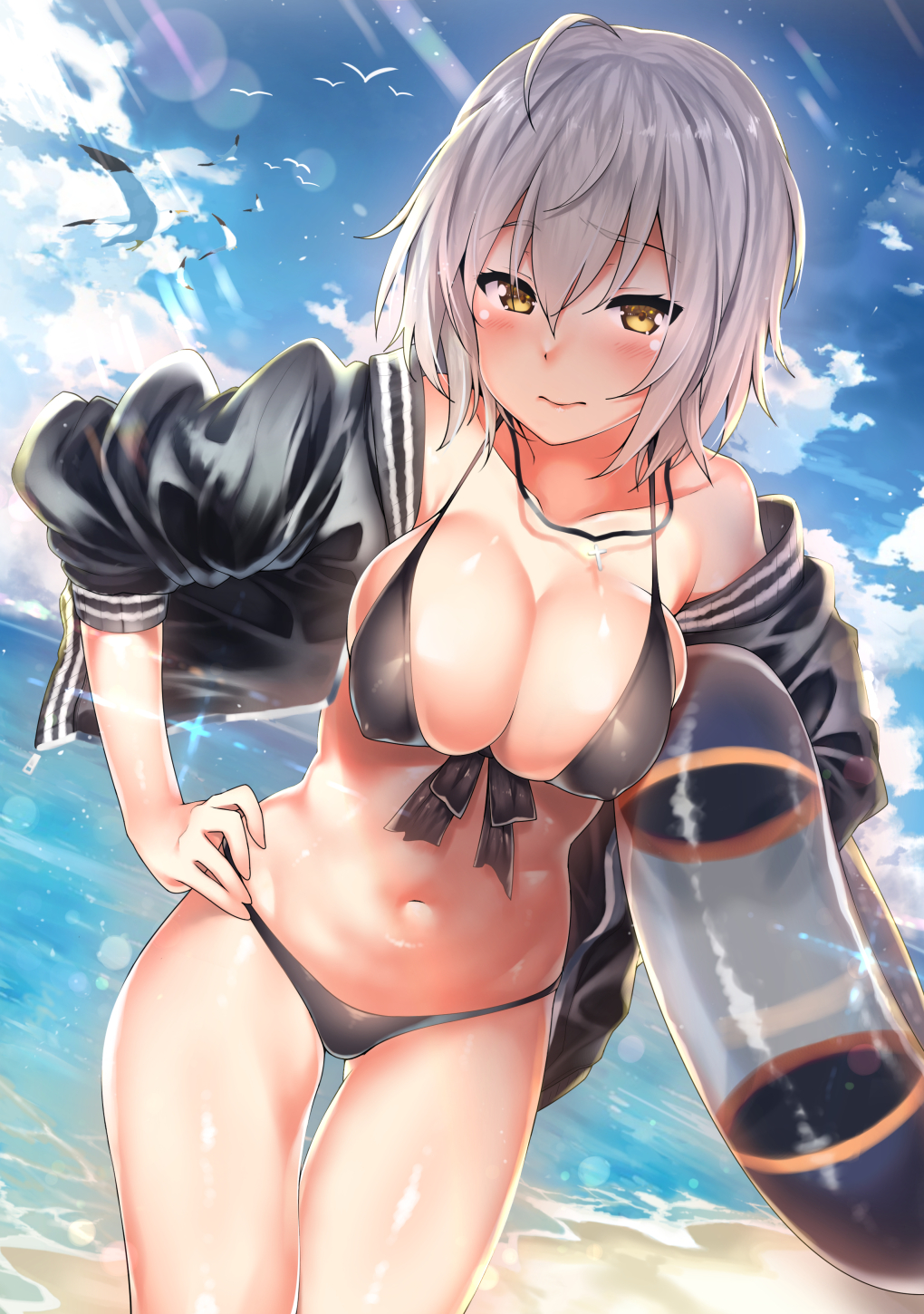 1girl 3: ahoge beach bikini bird black_bikini blue_sky blush breasts closed_mouth cowboy_shot day dutch_angle eyebrows_visible_through_hair fate/grand_order fate_(series) front-tie_bikini front-tie_top hand_on_hip highres innertube jacket jeanne_d'arc_(alter)_(fate) jeanne_d'arc_(fate)_(all) jewelry kawai large_breasts navel necklace off_shoulder open_clothes open_jacket outdoors rosary shiny shiny_skin short_hair silver_hair sky solo sunlight swimsuit yellow_eyes