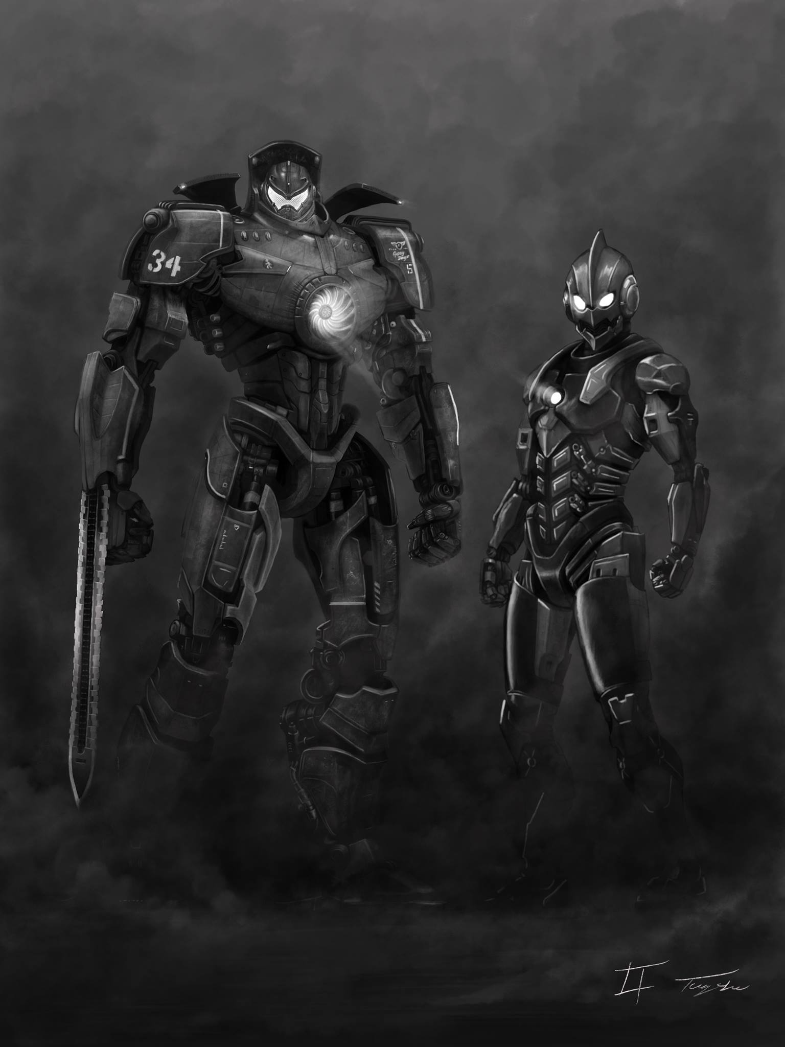 arm_blade crossover dark eatalllot formal giant gipsy_danger glowing greyscale highres mask mecha mechanical_arms monochrome no_humans pacific_rim science_fiction size_difference smoke suit super_robot sword ultra_series ultraman ultraman_(1st_series) visor weapon