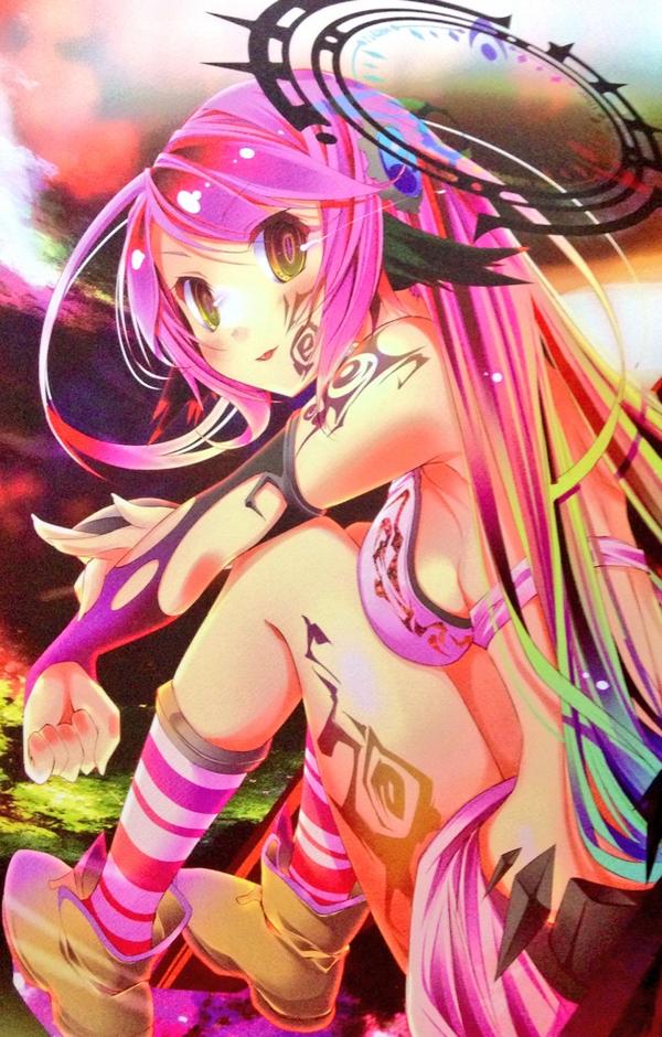 1girl :p breasts bridal_gauntlets crop_top gloves gradient_eyes gradient_hair halo jibril_(no_game_no_life) kamiya_yuu long_hair looking_at_viewer magic_circle midriff multicolored multicolored_eyes multicolored_hair no_game_no_life official_art orange_eyes pink_hair sideboob smile solo source_request tattoo tongue tongue_out very_long_hair wing_ears yellow_eyes