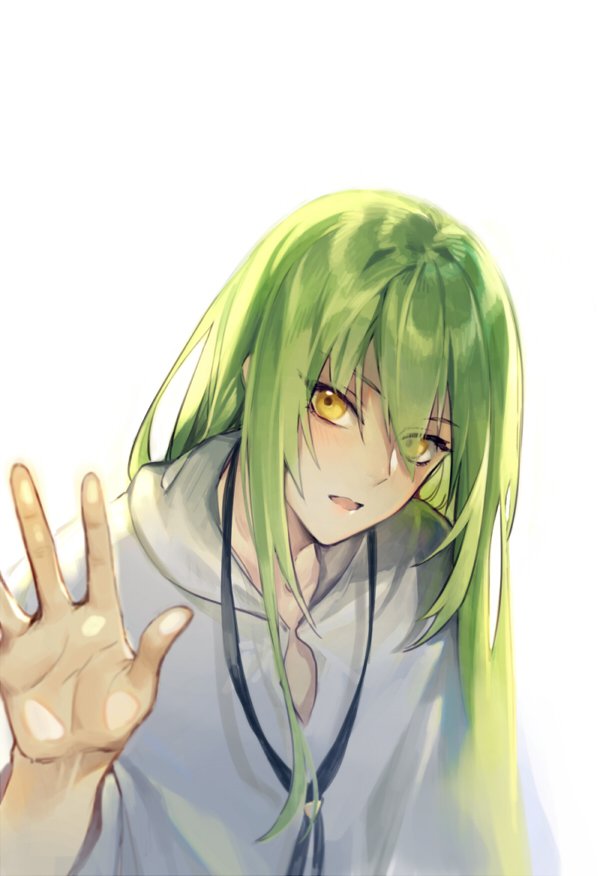 1boy against_fourth_wall enkidu_(fate/strange_fake) eyebrows_visible_through_hair eyes_visible_through_hair fate/strange_fake fate_(series) green_hair hand_up kangetsu_(fhalei) long_hair looking_at_viewer male_focus parted_lips robe simple_background solo upper_body white_background yellow_eyes
