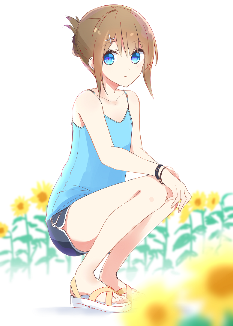 1girl aa_(sin2324) bangs bare_arms bare_shoulders blue_camisole blue_eyes blue_shorts blurry blurry_background blurry_foreground blush brown_hair camisole closed_mouth commentary_request depth_of_field eyebrows_visible_through_hair flower folded_ponytail hair_between_eyes hair_ornament hairclip kantai_collection maya_(kantai_collection) sandals short_shorts shorts sidelocks simple_background solo squatting sunflower thighs white_background white_footwear x_hair_ornament yellow_flower