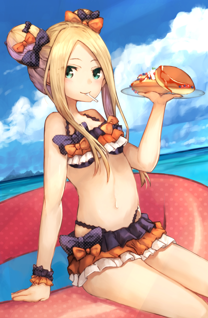 1girl abigail_williams_(fate/grand_order) arm_support bangs bared_teeth bikini black_bikini black_bow blonde_hair blue_sky bow breasts clouds cloudy_sky commentary_request day double_bun dutch_angle emerald_float fate/grand_order fate_(series) food fork_in_mouth green_eyes hair_bow holding holding_plate horizon innertube long_hair mouth_hold navel ocean orange_bow outdoors pancake parted_bangs plate polka_dot polka_dot_bow polka_dot_innertube side_bun sidelocks sitting sky small_breasts solo swimsuit transparent water yuuki_nao_(pixiv10696483)