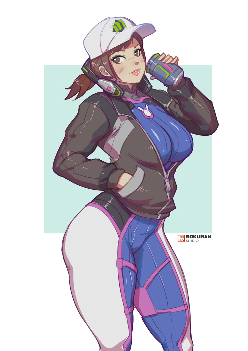 1girl alternate_hairstyle animal_print bangs baseball_cap blue_bodysuit bodysuit bokuman breasts brown_eyes brown_hair bunny_print can d.va_(overwatch) dirty_face hand_in_pocket hat headphones headphones_around_neck high_collar highres jacket large_breasts lips low_ponytail overwatch pilot_suit ribbed_bodysuit skin_tight soda_can solo standing swept_bangs thick_thighs thighs