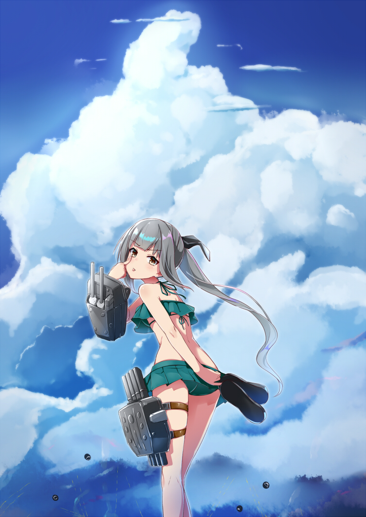 1girl alternate_costume ass bangs bikini bikini_skirt blue_sky blush breasts brown_eyes cannon clouds cloudy_sky day eyebrows_visible_through_hair finger_to_eye frilled_bikini frills from_behind green_bikini grey_hair hair_ribbon holding_footwear kantai_collection kasumi_(kantai_collection) loafers long_hair looking_at_viewer machinery remodel_(kantai_collection) ribbon rigging shoes side_ponytail sky solo swimsuit thigh_strap tongue tongue_out torpedo_launcher turret yuuzuki_(re'ef)