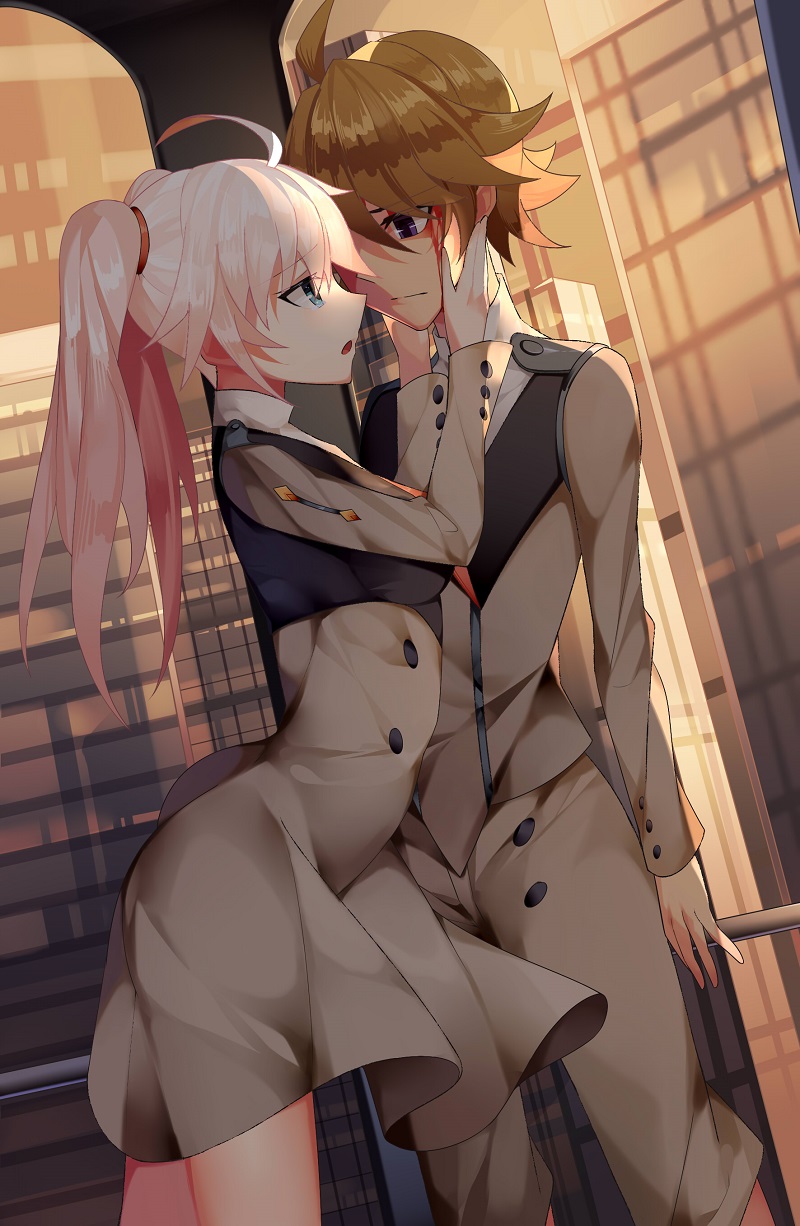 1boy 1girl 931466095 ahoge arm_at_side bad_anatomy bleeding blood blue_eyes brown_hair brown_skirt building darling_in_the_franxx eye_contact hands_on_another's_cheeks hands_on_another's_face hetero highres inside looking_at_another miku_(darling_in_the_franxx) military military_uniform pink_hair railing skirt standing twintails uniform zorome_(darling_in_the_franxx)