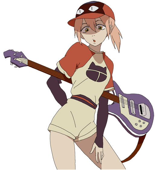 baseball_cap bass_guitar flcl guitar haruhara_haruko hat instrument instruments pink_hair ponytail raglan_sleeves shorts simple_background terai yellow_eyes