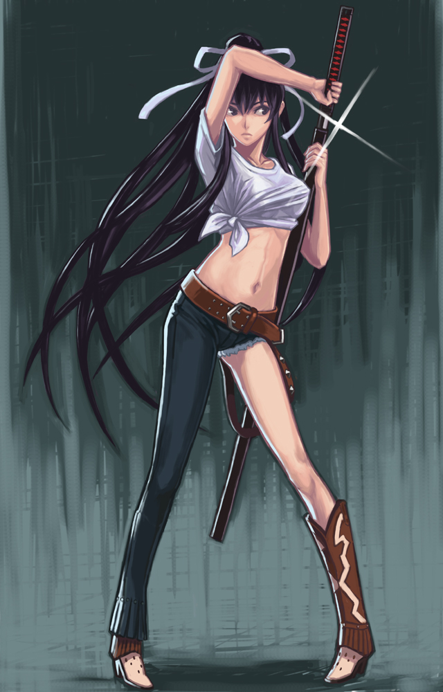 boots kanzaki_kaori legs long_hair midriff one_pantsleg single_pantsleg solo sword t-shirt to_aru_majutsu_no_index utu_(artist) very_long_hair weapon