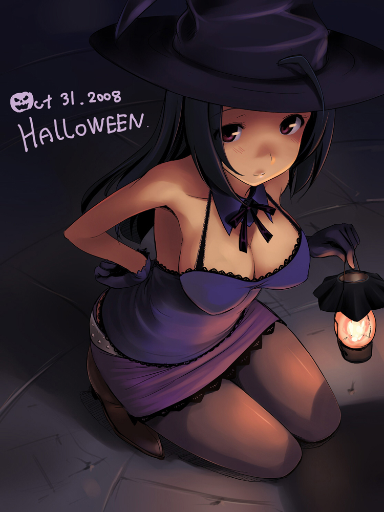 cleavage halloween hat idolmaster kneeling miura_azusa pantyhose takayaki witch_hat
