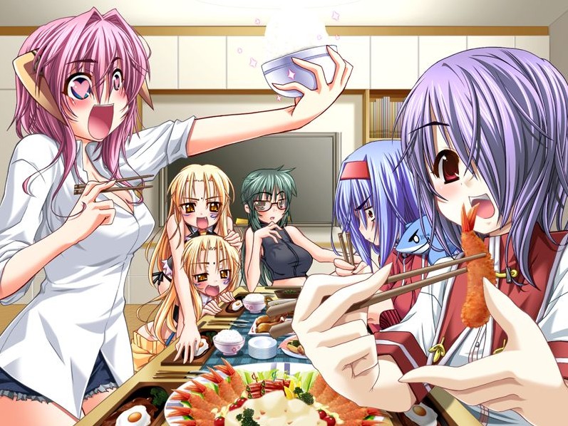 6girls aki_touka blonde_hair blue_eyes blue_hair blush crustacean eating food furifuri game_cg girl glasses green_hair heart horns kako_von_ostwind long_hair mako_von_ostwind momose_minori multiple_girls ootori_jun purple_hair red_eyes rice short_hair shrimp shrimp_tempura symbol-shaped_pupils tempura tsukuyomi_kaguya yellow_eyes