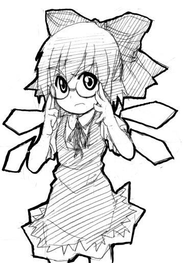 bespectacled bow bowtie cirno dress glasses hair_bow hair_ribbon hair_ribbons mihara mihara_(harahara) monochrome ribbon ribbons sketch touhou wings