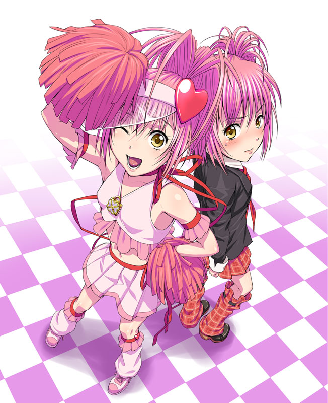 checkerboard checkered cheerleader child dual_persona hinamori_amu leg_warmers loose_socks magical_girl midriff navel nigou pink_hair pom_poms ribbon ribbons school_uniform short_hair shugo_chara! socks yellow_eyes