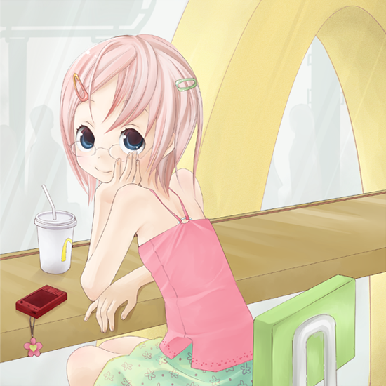 chitose_kiiro glasses hair_ornament hairpin mcdonald's mcdonald's mcdonalds pink_hair short_hair