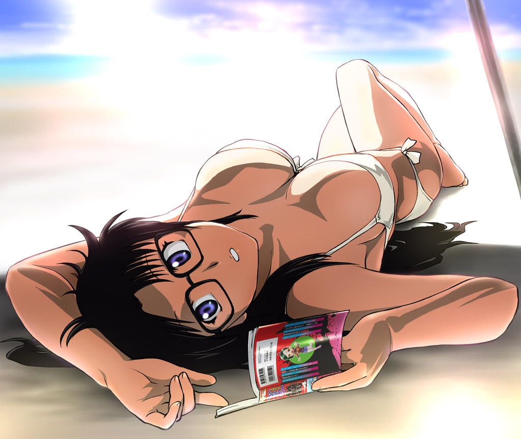 bikini black_hair blue_eyes book breasts glasses long_hair on_back read_or_die reading side-tie_bikini swimsuit ueyama_michirou yomiko_readman