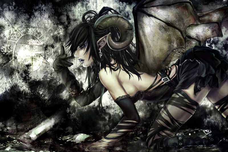 belt black_hair breasts character_request demon demon_girl earrings elbow_gloves eyeshadow gloves horns jewelry melt_up pointy_ears sadakage sideboob source_request succubus thigh-highs thighhighs wings