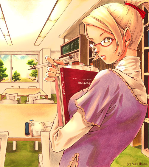 blonde_hair book brown_eyes glasses original sakihana