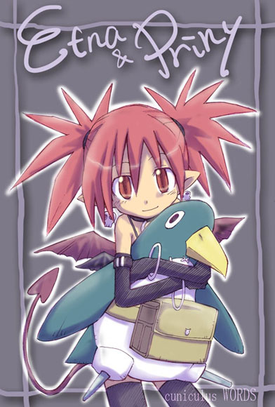 character_name demon_girl demon_tail disgaea etna hug nippon_ichi pointy_ears prinny red_eyes red_hair redhead tail thighhighs wings