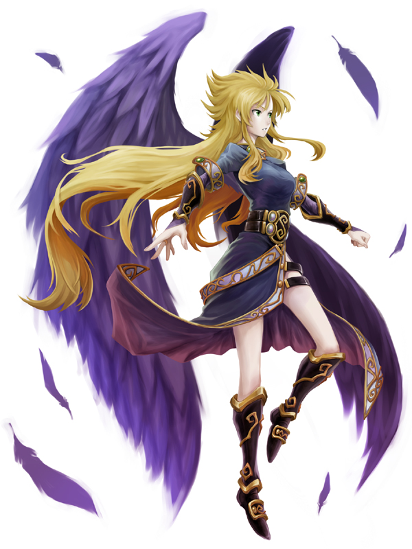 bad_id black_wings blonde_hair boots breath_of_fire breath_of_fire_ii feathers long_hair nina_(breath_of_fire_ii) nina_ii side_slit taka_yanagi takayanagi_(artist) thighs wings