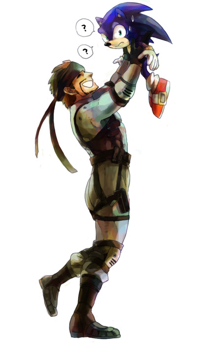 beard brown_hair facial_hair gloves green_eyes headband hold holding leg_lift lift metal_gear_solid smile solid_snake sonic sonic_the_hedgehog super_smash_bros. tail you_gonna_get_raped