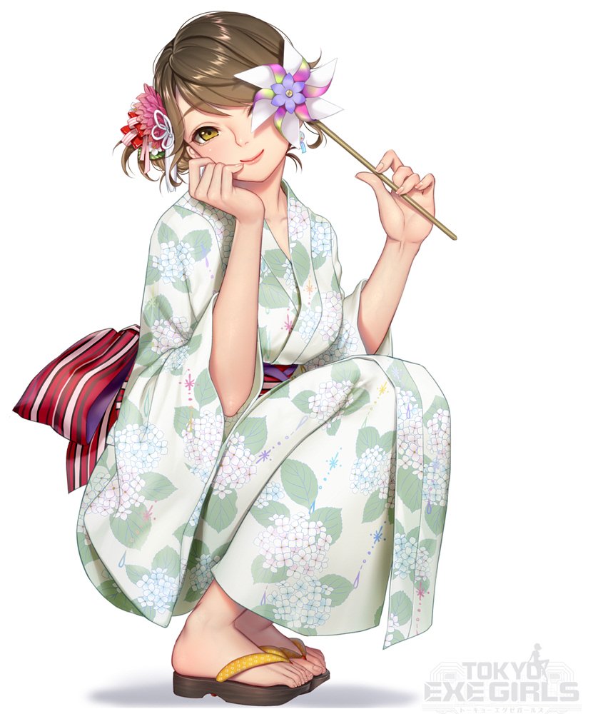 1girl bangs breasts brown_eyes brown_hair closed_mouth collarbone commentary_request earrings eyebrows_visible_through_hair fingernails floral_print full_body hair_ornament holding japanese_clothes jewelry kimono lips logo looking_at_viewer masami_chie medium_breasts obi official_art pinwheel sandals sash shiny shiny_hair simple_background smile solo squatting toes tokyo_exe_girls toy white_background wide_sleeves
