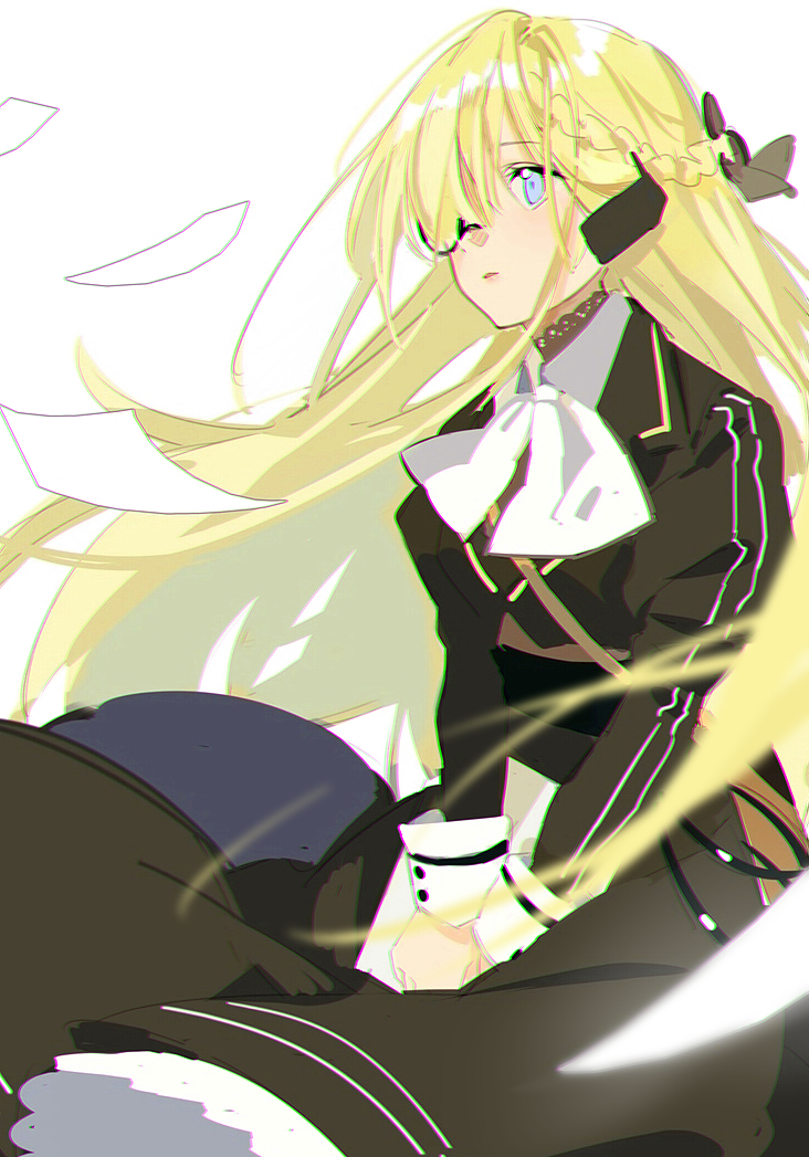 1girl bangs black_ribbon blonde_hair blue_eyes braid brown_dress commentary_request cz52_(girls_frontline) dress eyebrows_visible_through_hair girls_frontline hair_over_one_eye hair_ribbon juliet_sleeves long_sleeves looking_away monocle puffy_sleeves ribbon simple_background solo v_arms white_background xiao_chichi