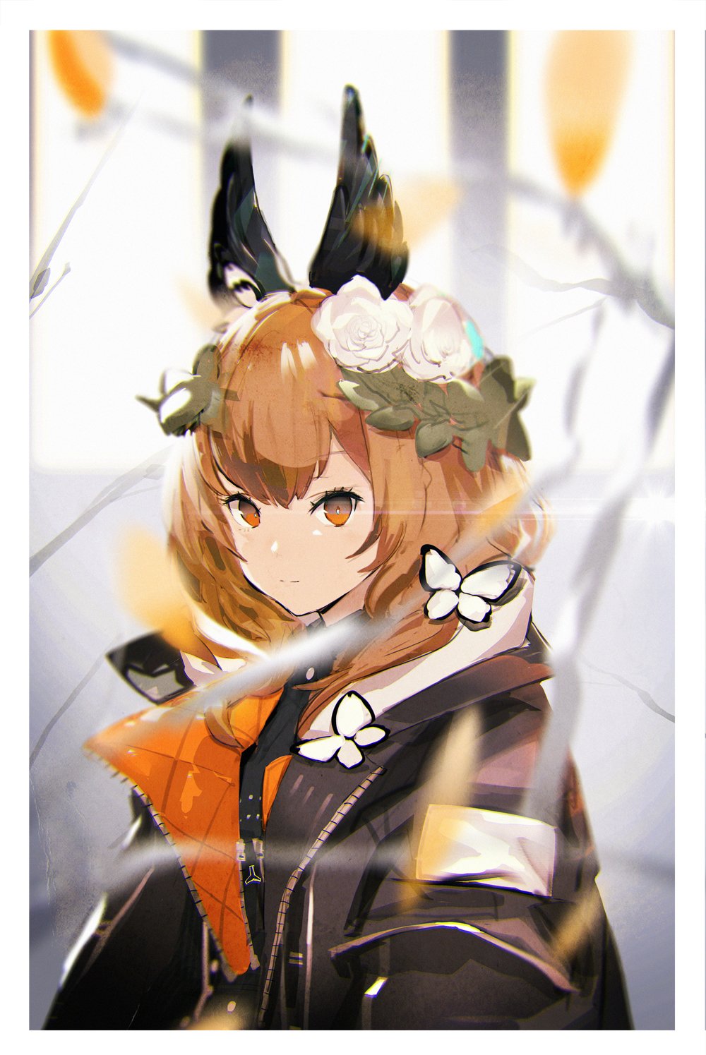 1girl animal_ears black_jacket blurry blurry_foreground bright_pupils brown_eyes brown_hair bug butterfly closed_mouth copyright_request depth_of_field flower hair_flower hair_ornament highres insect jacket looking_at_viewer medium_hair rose so-bin solo white_flower white_rose