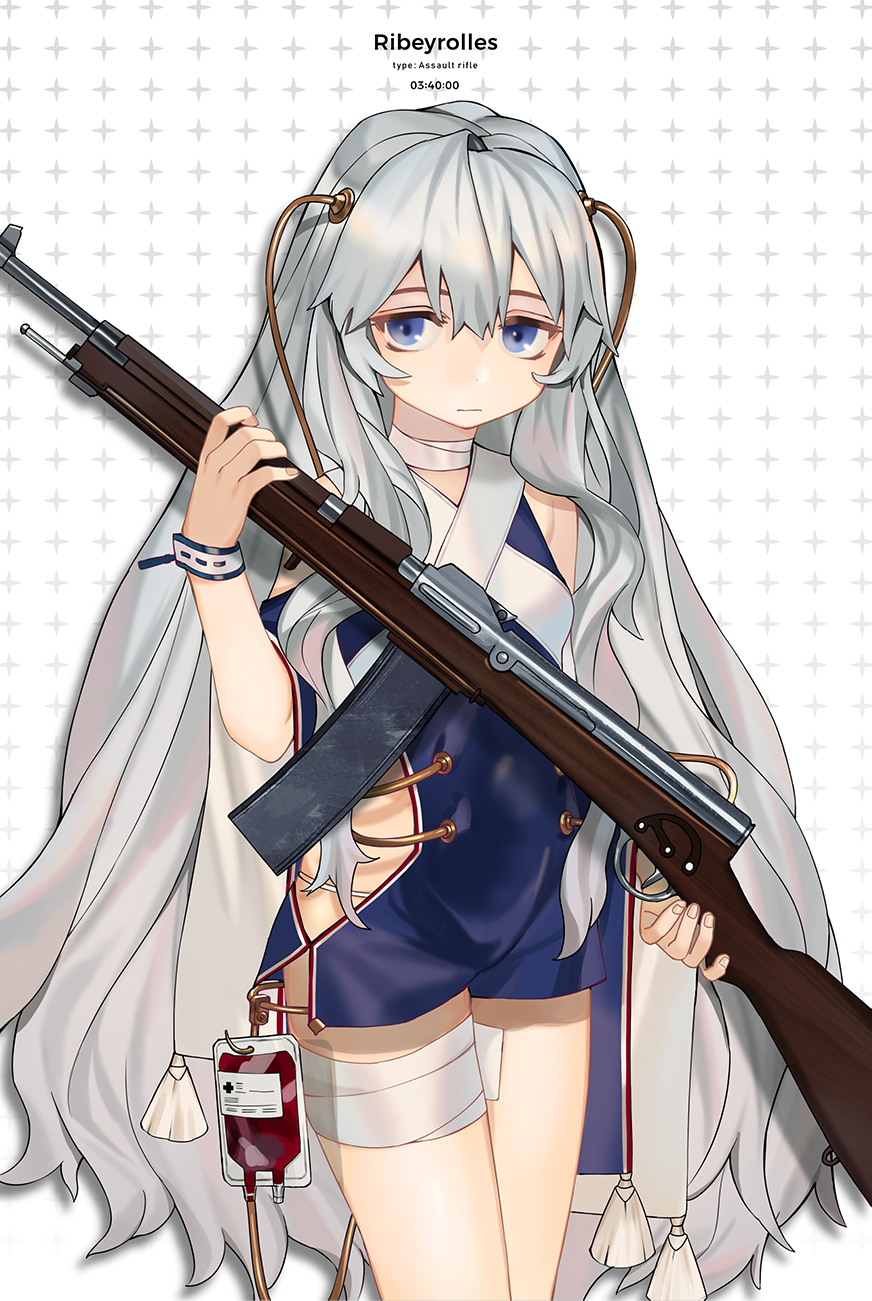 1girl bandage bandaged_leg bandages bangs bare_shoulders blue_dress blue_eyes character_name closed_mouth commentary_request dress fingernails girls_frontline gun hair_between_eyes highres holding holding_gun holding_weapon intravenous_drip long_hair looking_at_viewer luicent object_namesake ribeyrolles_1918_(girls_frontline) short_sleeves silver_hair solo standing very_long_hair weapon weapon_request white_background wrist_cuffs