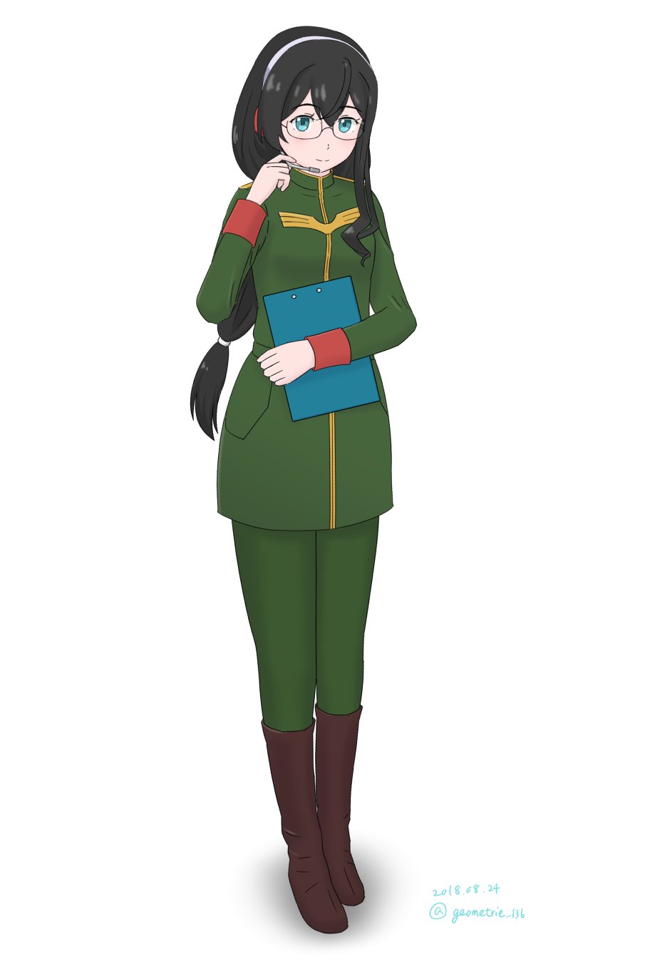 1girl black_hair boots brown_footwear clipboard commentary_request cosplay dated full_body geometrie green_eyes gundam gundam_lost_war_chronicles hairband headset highres kantai_collection kergerenko kergerenko_(cosplay) long_hair low-tied_long_hair microphone military military_uniform ooyodo_(kantai_collection) semi-rimless_eyewear simple_background solo twitter_username under-rim_eyewear uniform white_background