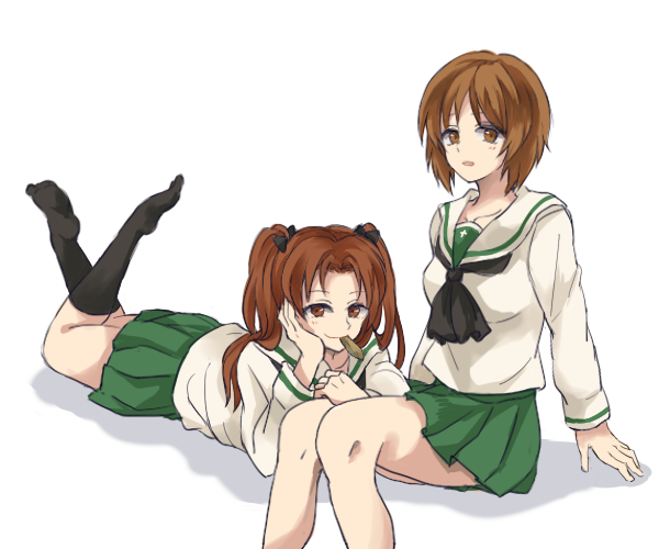 2girls alpachiiino arm_support bangs black_bow black_legwear black_neckwear blouse bow brown_eyes brown_hair chin_rest closed_mouth eating girls_und_panzer green_skirt hair_bow hand_on_leg invisible_chair invisible_floor kadotani_anzu legs_up light_frown long_hair long_sleeves lying miniskirt mouth_hold multiple_girls neckerchief nishizumi_miho no_shoes on_stomach ooarai_school_uniform open_mouth parted_bangs pleated_skirt school_uniform serafuku shadow short_hair simple_background sitting skirt smile socks twintails white_background white_blouse yuri
