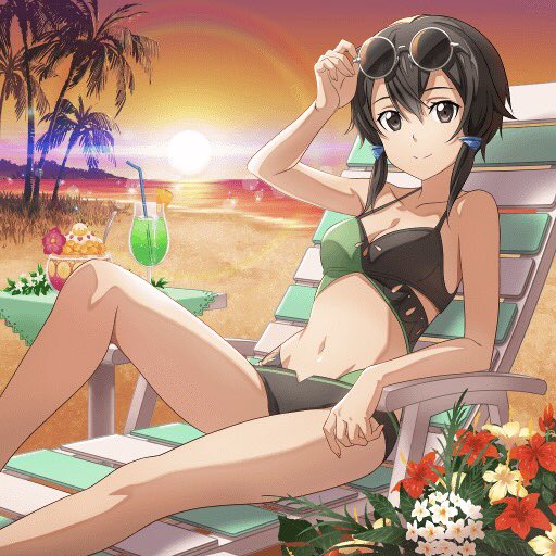 1girl asada_shino beach bikini black_eyes black_hair breasts cleavage collarbone drinking_straw eyewear_on_head glass groin hair_ornament jpeg_artifacts lens_flare looking_at_viewer medium_breasts navel official_art outdoors palm_tree round-bottom_flask shiny shiny_skin short_hair_with_long_locks sidelocks sitting smile solo sunset swimsuit sword_art_online tree