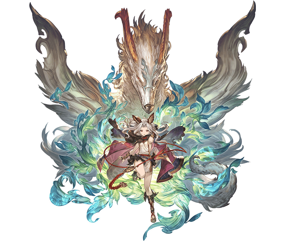 1girl alpha_transparency animal_ears bangs black_skirt breasts cloak dragon erune full_body granblue_fantasy hand_in_hair hand_up hood hood_down hooded_cloak long_hair looking_at_viewer minaba_hideo official_art open_mouth red_eyes scathacha_(granblue_fantasy) sideboob silver_hair skirt small_breasts solo transparent_background