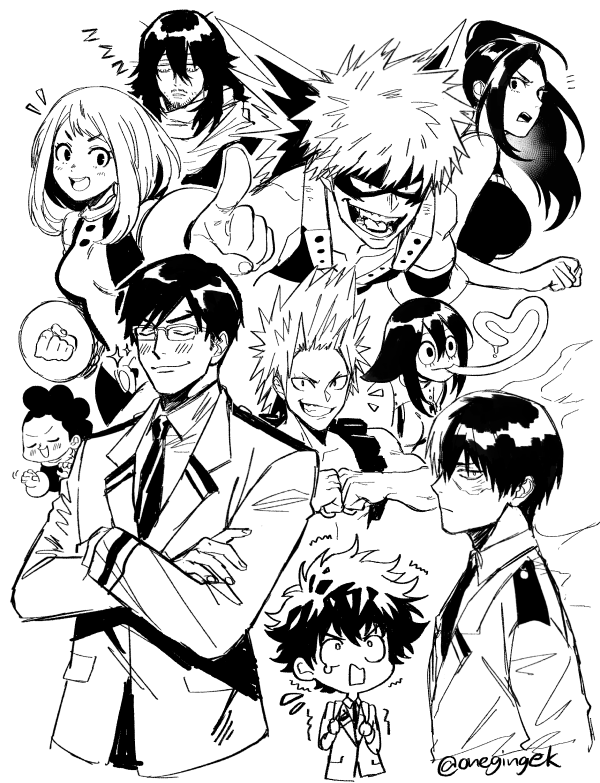 3girls 6+boys aizawa_shouta asui_tsuyu bakugou_katsuki blush boku_no_hero_academia breasts closed_eyes closed_mouth crossed_arms doyagao fire gloves greyscale grin iida_tenya jacket kanapy kirishima_eijirou large_breasts long_hair long_tongue looking_at_viewer mask midoriya_izuku mineta_minoru monochrome multiple_boys multiple_girls necktie notice_lines open_mouth pointing pointing_at_viewer school_uniform smile sparkle spiky_hair tears todoroki_shouto tongue tongue_out twitter_username uraraka_ochako wide-eyed yaoyorozu_momo