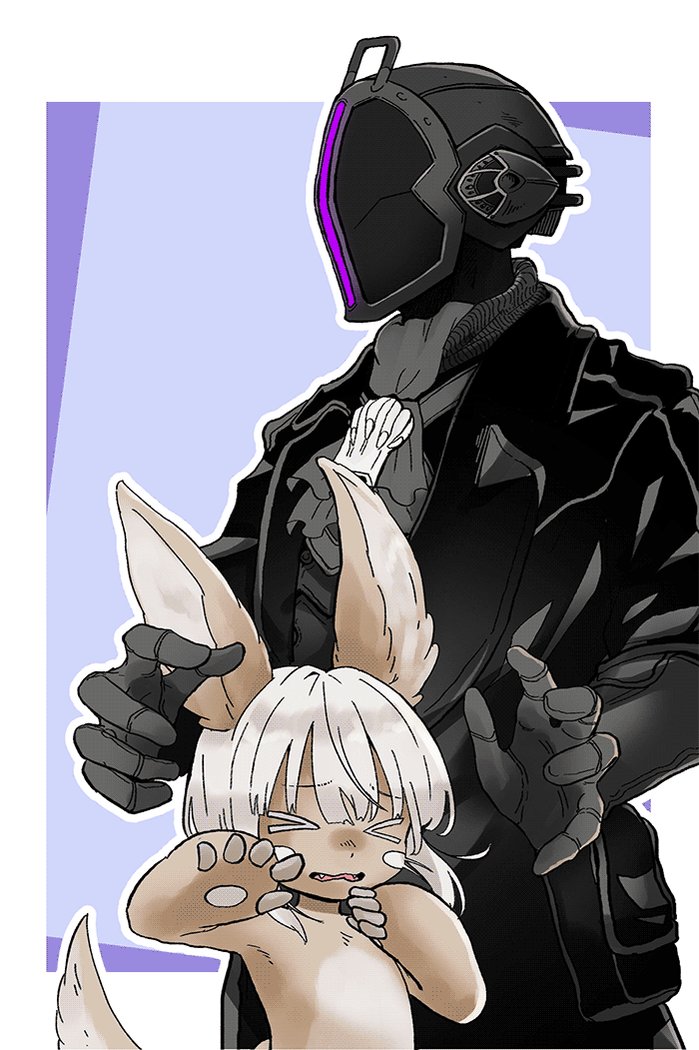 &gt;_&lt; 1boy 1other black_gloves black_jacket black_pants bondrewd closed_eyes cravat furry gloves grey_neckwear helmet jacket long_sleeves made_in_abyss nanachi_(made_in_abyss) pants pouch purple_background standing topless usuki_(usukine1go) whiskers whistle