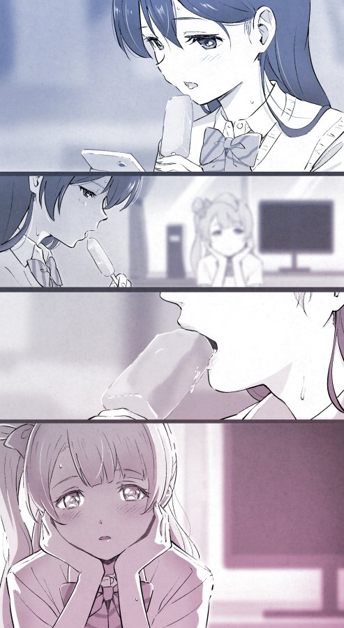 arm_support bangs blush commentary_request eating food hair_between_eyes head_rest holding ice_cream implied_yuri long_hair looking_at_another love_live! love_live!_school_idol_project minami_kotori monochrome multiple_girls one_side_up open_mouth otonokizaka_school_uniform shibasaki_shouji sonoda_umi