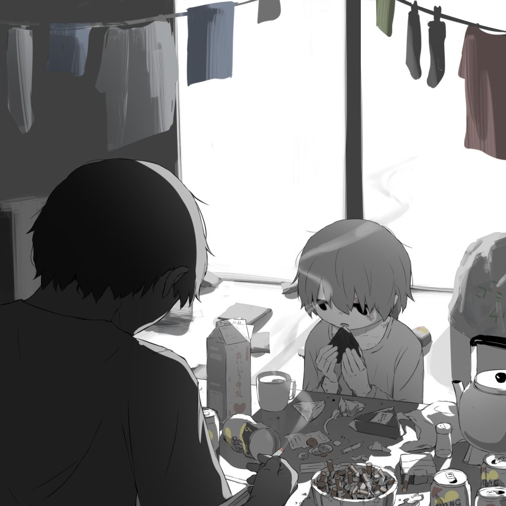 2boys avogado6 beer_can can cigarette cigarette_box cigarette_holder commentary eating food greyscale holding male_focus monochrome multiple_boys muted_color onigiri open_mouth original short_hair sitting smoke smoking