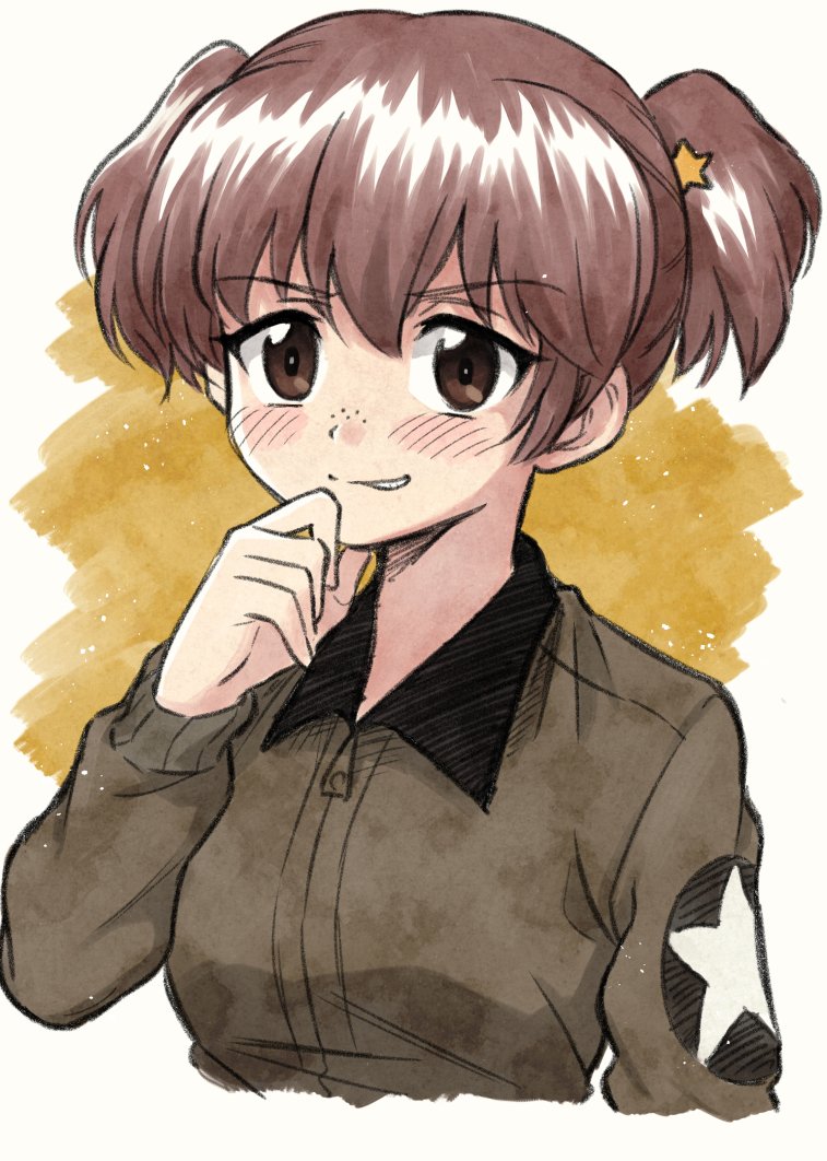 1girl alisa_(girls_und_panzer) bangs blush brown_eyes brown_hair brown_jacket chin_grab commentary cropped_torso emblem evil_grin evil_smile eyebrows_visible_through_hair freckles girls_und_panzer grin hair_ornament jacket long_sleeves looking_at_viewer meis_(terameisu) military military_uniform saunders_military_uniform short_hair short_twintails smile solo star star_hair_ornament twintails uniform upper_body