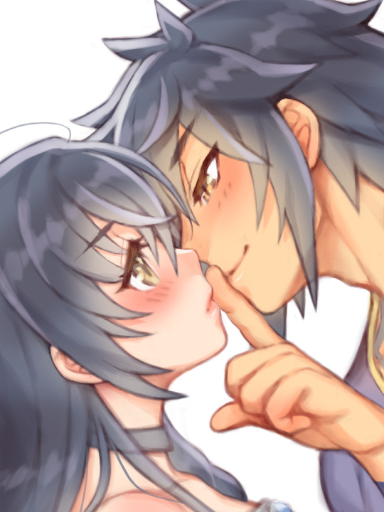 1boy 1girl black_hair black_neckwear blush choker couple eye_contact finger_to_another's_mouth folks_(nabokof) hetero long_hair looking_at_another profile rokurou_rangetsu simple_background smile tales_of_(series) tales_of_berseria upper_body velvet_crowe white_background yellow_eyes