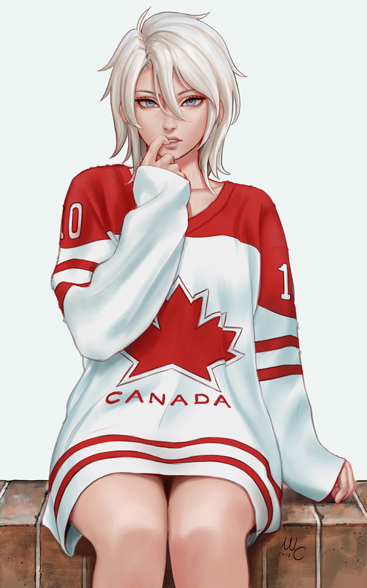 1girl 2018 bangs blue_eyes brick canadian_flag clothes_writing commentary english english_commentary expressionless finger_to_mouth grey_background grey_hair hair_between_eyes hand_up highres jersey lips long_sleeves looking_at_viewer no_pants nose number original parted_lips sciamano240 short_hair signature simple_background sitting sleeves_past_wrists solo