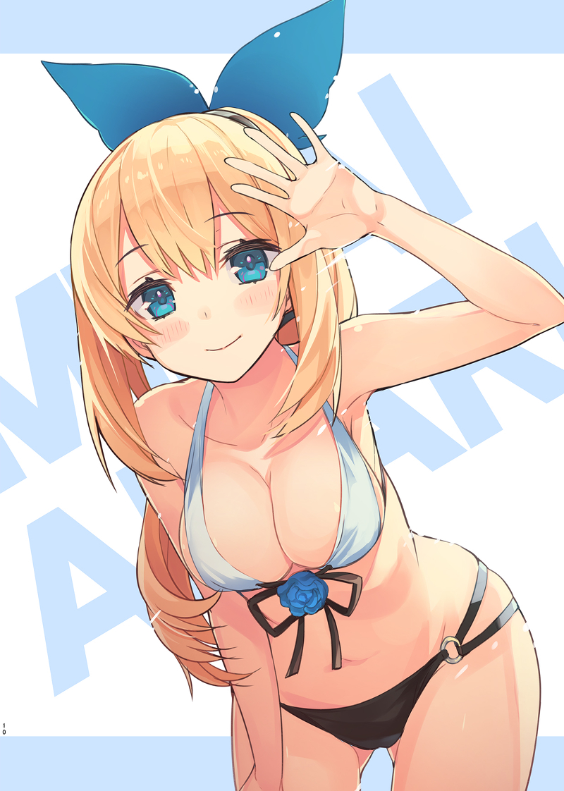 1girl arm_up bikini black_bikini_bottom blonde_hair blue_eyes blush cowboy_shot eyebrows_visible_through_hair front-tie_bikini front-tie_top gluteal_fold hairband leaning_forward looking_at_viewer mirai_akari mirai_akari_project multi-strapped_bikini navel o-ring o-ring_bikini o-ring_bottom outstretched_hand sidelocks smile solo swimsuit tam-u white_bikini_top