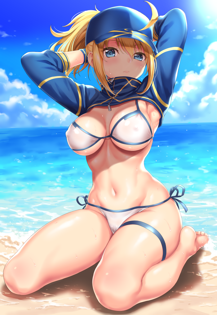 1girl ahoge armpits arms_behind_head artoria_pendragon_(all) baseball_cap beach bikini blonde_hair blue_eyes blue_hat blush breasts commentary_request cropped_jacket fate/grand_order fate_(series) full_body groin hat kase_daiki long_hair looking_at_viewer medium_breasts mysterious_heroine_xx_(foreigner) navel ocean ponytail sand shiny shiny_skin shore side-tie_bikini sideboob sitting skindentation solo sunlight swimsuit thigh_strap thighs under_boob white_bikini