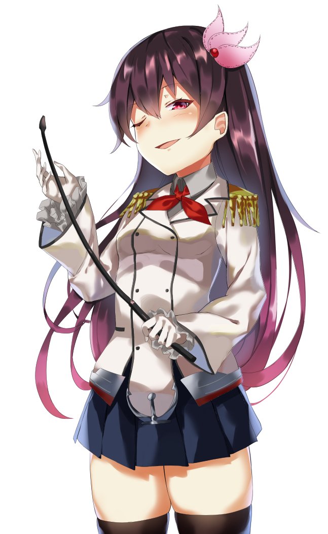 1girl ascot black_hair black_legwear black_skirt commentary_request cosplay cowboy_shot double-breasted epaulettes gloves hair_ornament kantai_collection katori_(kantai_collection) katori_(kantai_collection)_(cosplay) kisaragi_(kantai_collection) long_hair military military_uniform miniskirt one_eye_closed pleated_skirt pooor red_eyes red_neckwear riding_crop simple_background skirt solo thigh-highs uniform white_background white_gloves