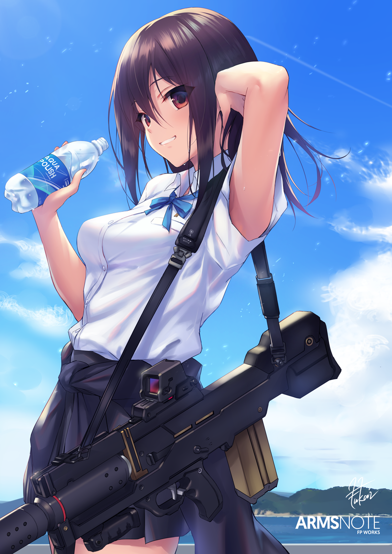 1girl arm_up arms_note bangs bionic_joshikousei_(fukai_ryousuke) blush bottle breasts brown_eyes brown_hair clouds commentary_request copyright_name fukai_ryousuke grin gun hair_between_eyes hand_on_own_head holding looking_at_viewer medium_breasts ocean outdoors shirt short_sleeves sidelocks signature skirt sky smile solo standing water_bottle weapon white_shirt